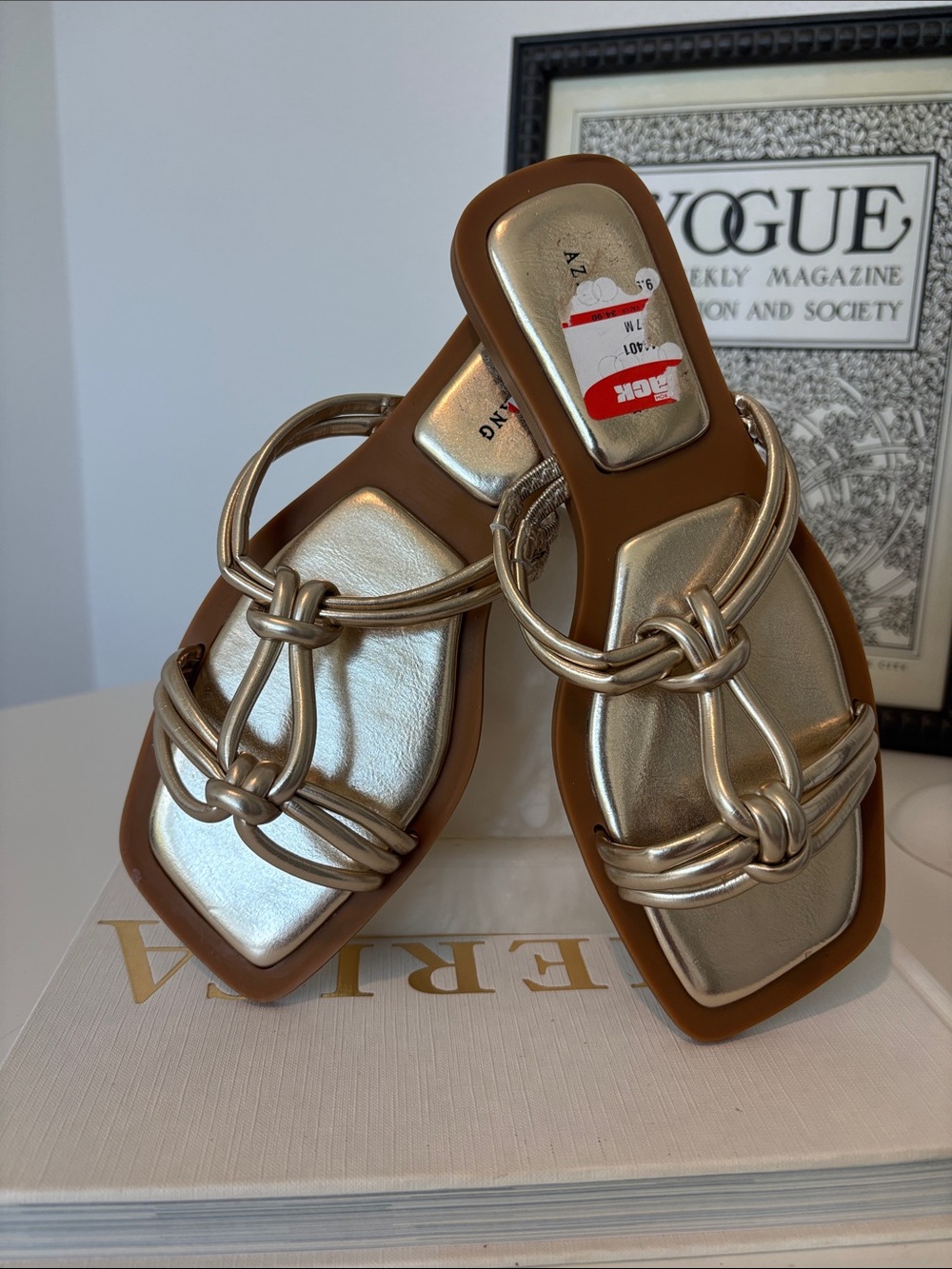 Metallic Gold Knotted Strap Slide Sandals with Brown Footbed